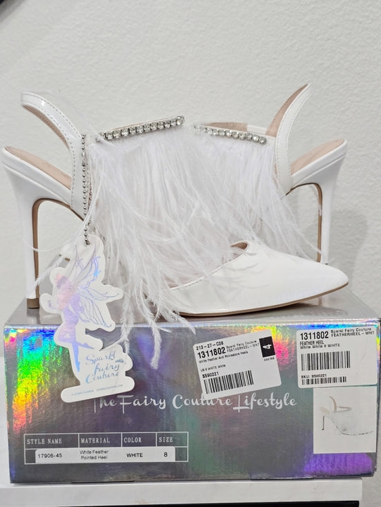 White Feather Rhinestone Pumps with Pointed Toe & 4-Inch Heel