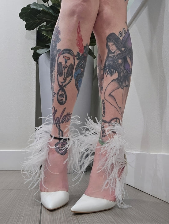 White Feather Rhinestone Pumps with Pointed Toe & 4-Inch Heel