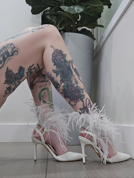 White Feather Rhinestone Pumps with Pointed Toe & 4-Inch Heel