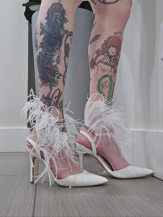 White Feather Rhinestone Pumps with Pointed Toe & 4-Inch Heel