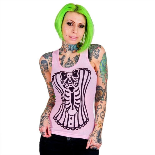 Skeleton Corset Pink Racerback Tank Top S