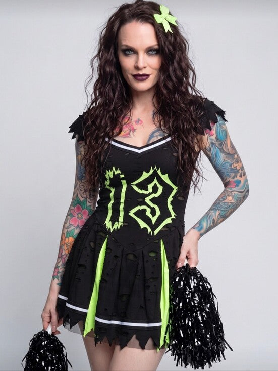 Trickz N Treatz Zombie Cheerleader Distressed Pleated Mini Skirt Set Goth XS