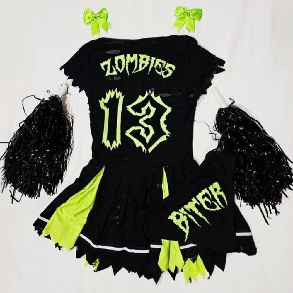 Trickz N Treatz Zombie Cheerleader Distressed Pleated Mini Skirt Set Goth XS
