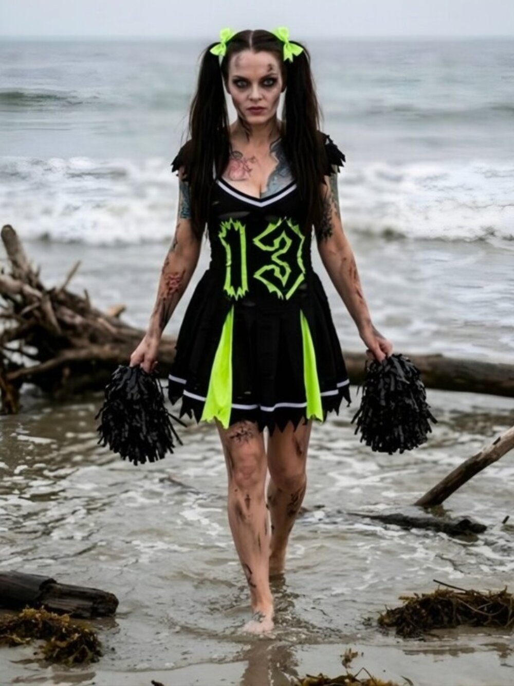 Trickz N Treatz Zombie Cheerleader Distressed Pleated Mini Skirt Set Goth XS