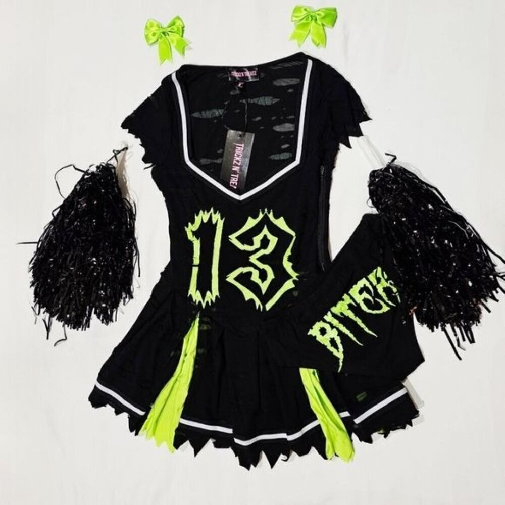 Trickz N Treatz Zombie Cheerleader Distressed Pleated Mini Skirt Set Goth XS