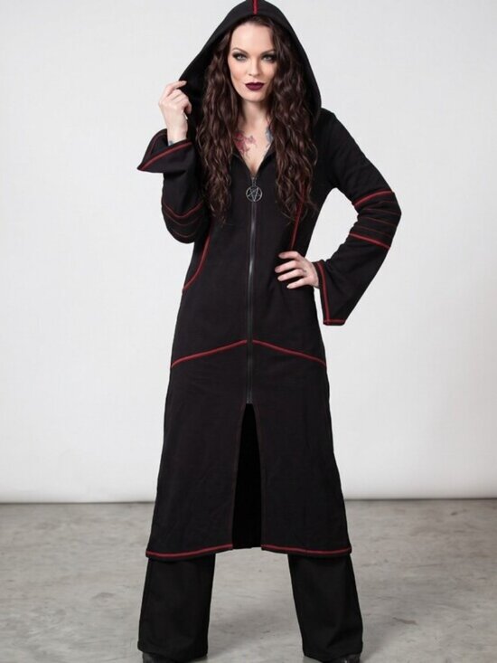 Darkside Longline Hooded Jacket Black Crimson Stitch Duster Coat L