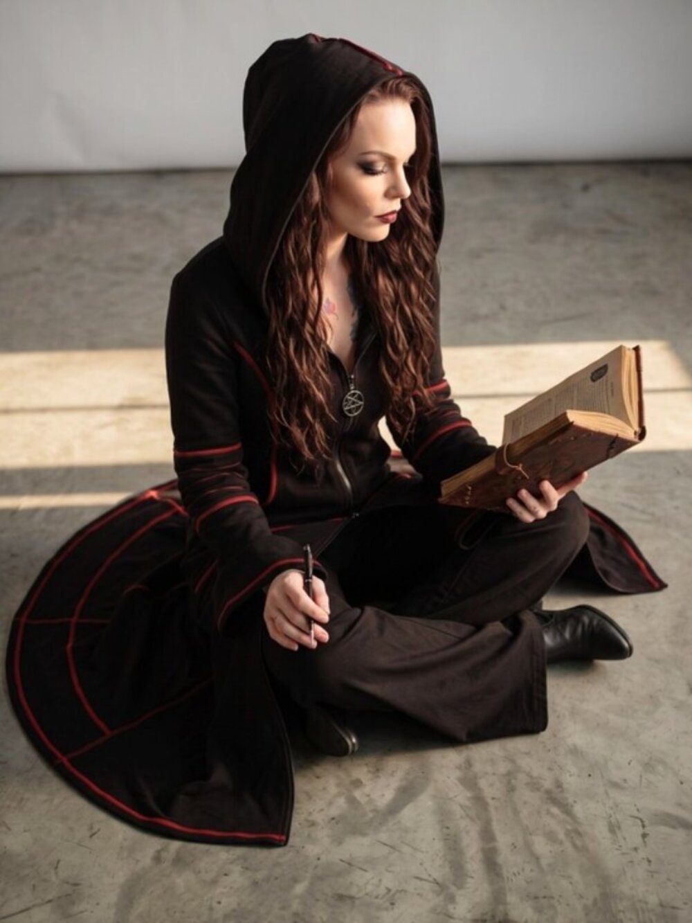 Darkside Longline Hooded Jacket Black Crimson Stitch Duster Coat L