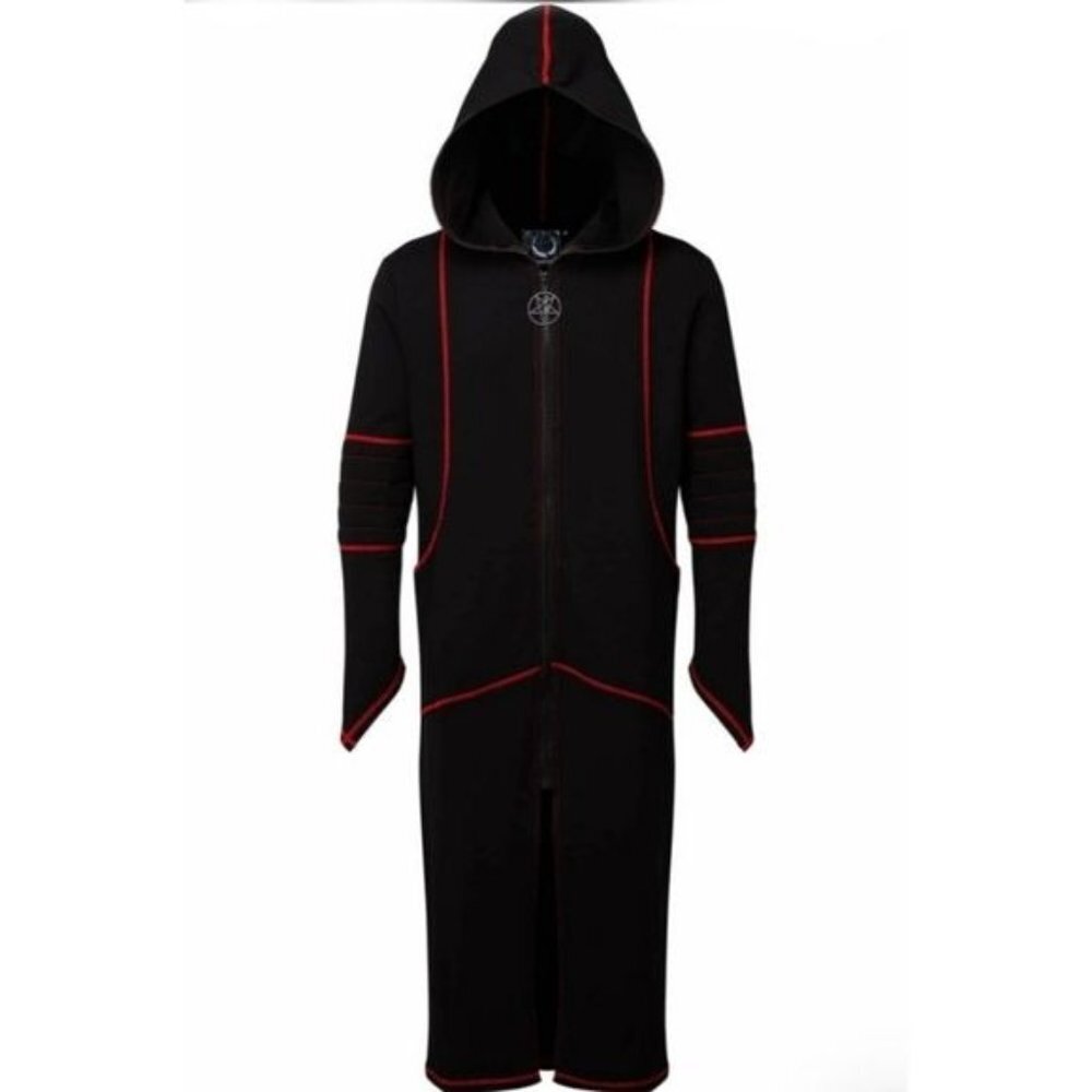 Darkside Longline Hooded Jacket Black Crimson Stitch Duster Coat L