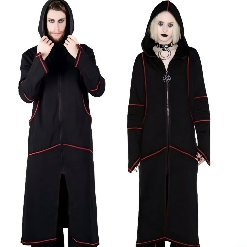 Darkside Longline Hooded Jacket Black Crimson Stitch Duster Coat L