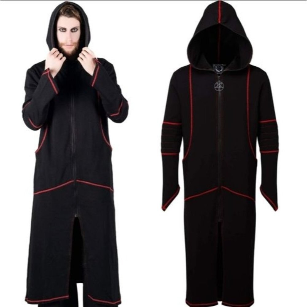 Darkside Longline Hooded Jacket Black Crimson Stitch Duster Coat L