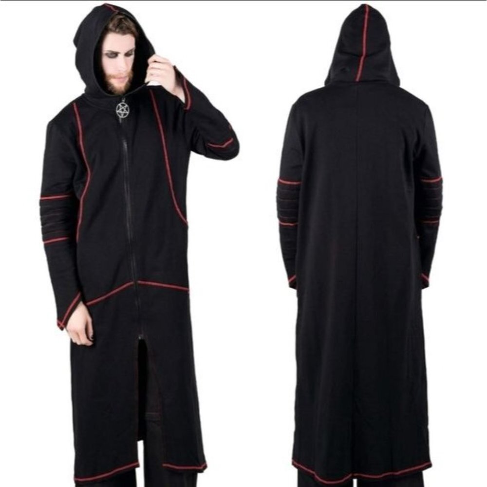 Darkside Longline Hooded Jacket Black Crimson Stitch Duster Coat L