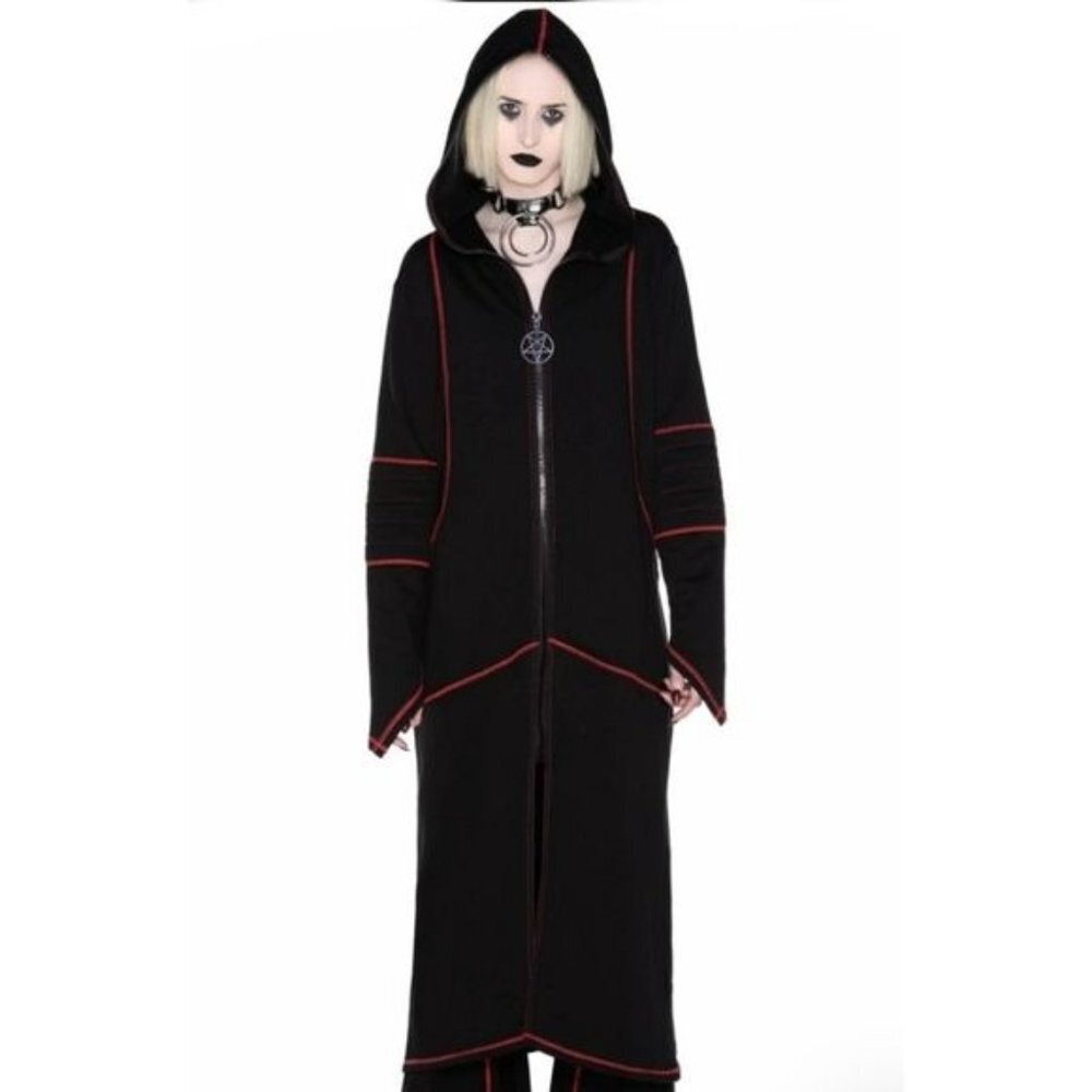 Darkside Longline Hooded Jacket Black Crimson Stitch Duster Coat L