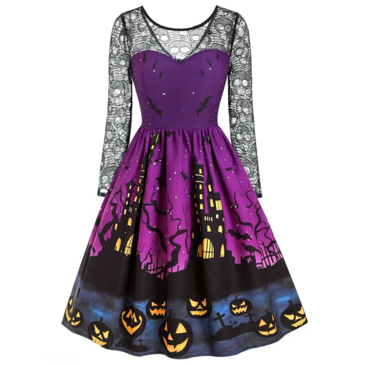 Long Sheer Sleeve Pumpkin Bat Print Lace Insert Dress - A Gothic Universe - Dresses