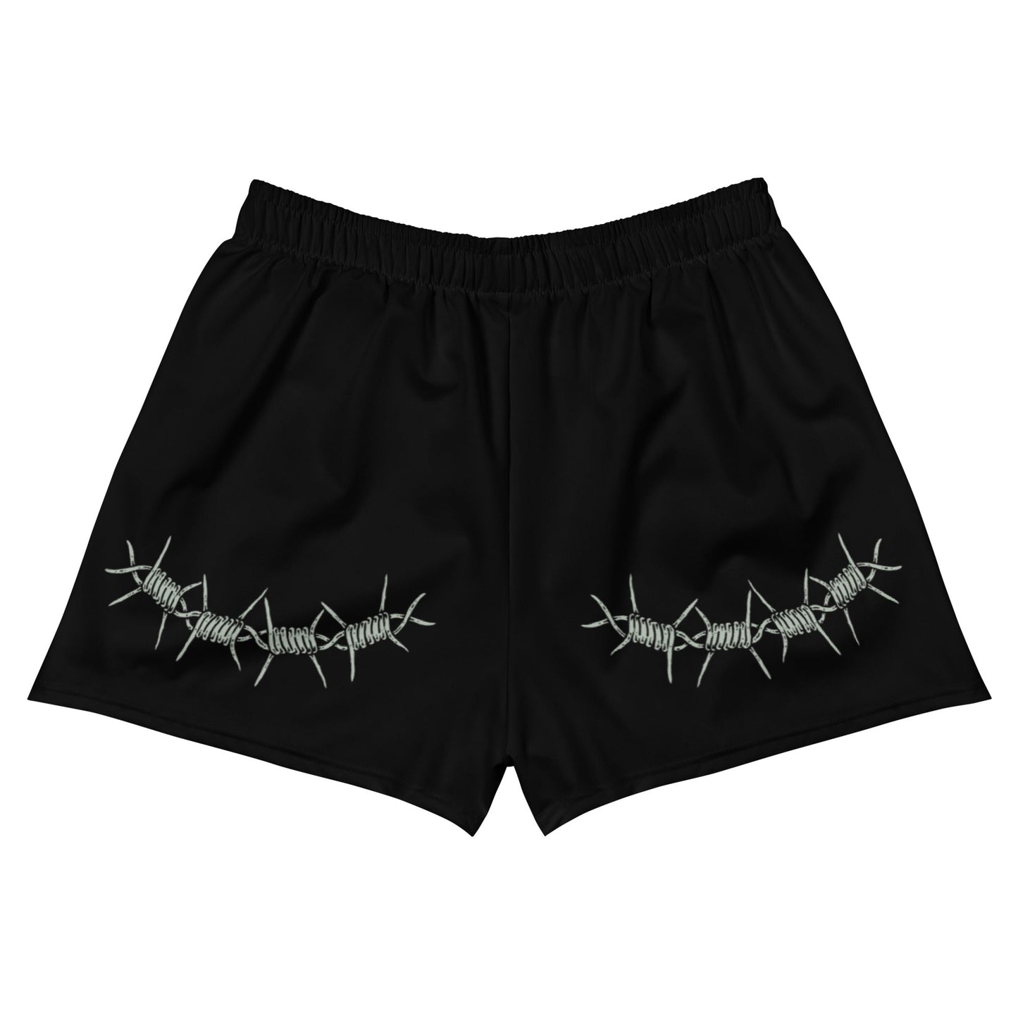 Black shorts with barbed wire design on a white background