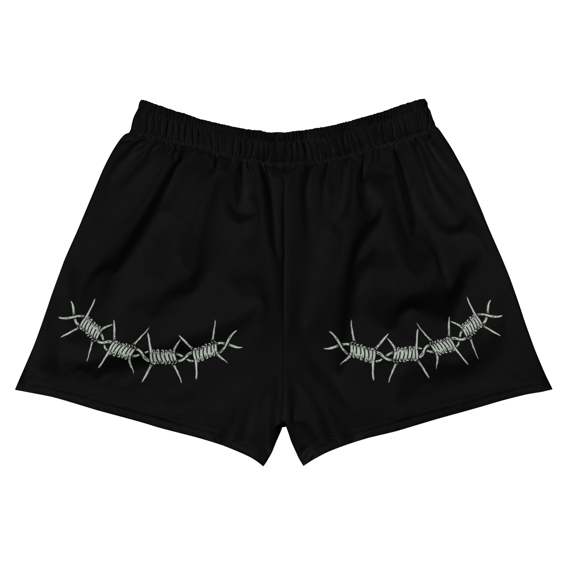 Black shorts with barbed wire design on a white background