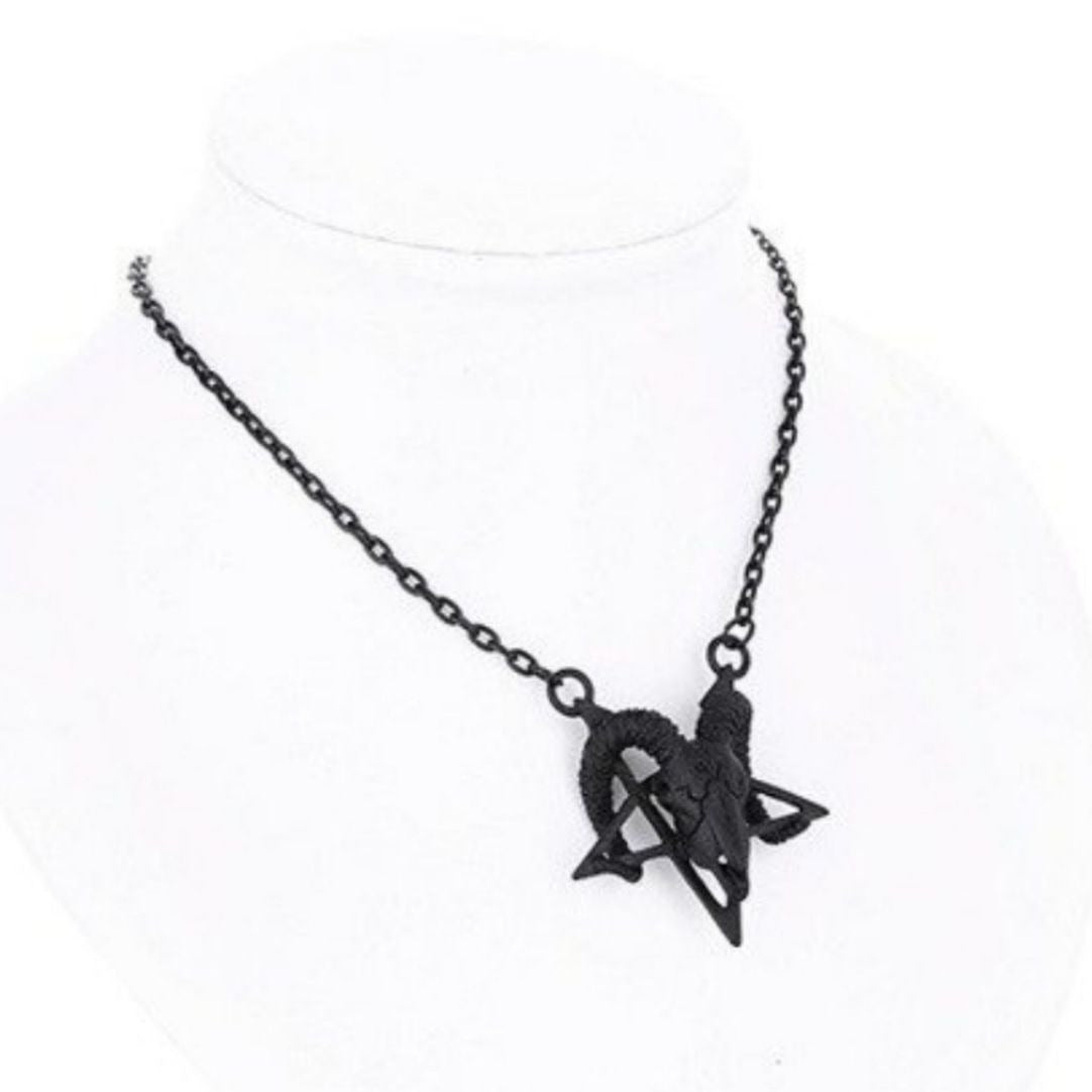 Black Ram Skull Pentagram Necklace Adjustable Chain Pagan Occult Witchcraft Amulet - Restyle - Jewelry