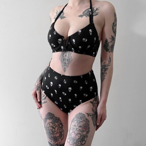 Killstar Skulls Black & White Halter Underwire Bikini Set