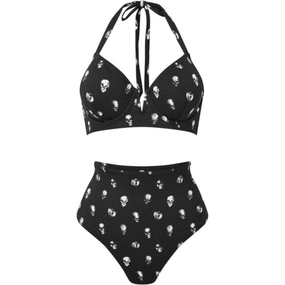 Killstar Skulls Black & White Halter Underwire Bikini Set