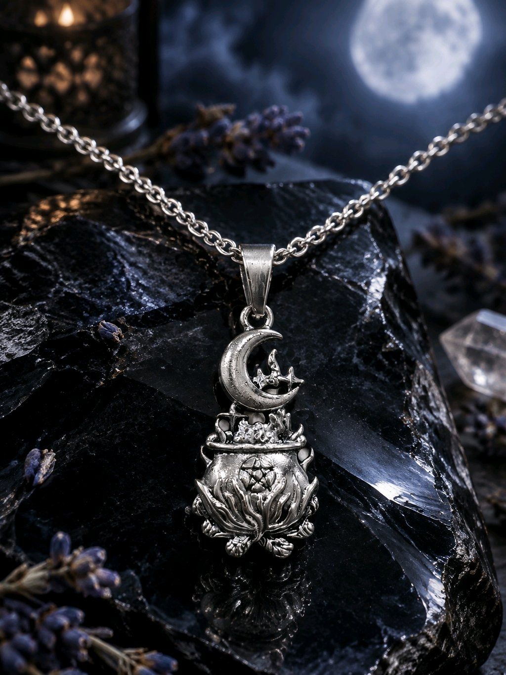 Witch Cauldron Pentagram Necklace Moon Star Stainless Steel Witchy Pendant 16"