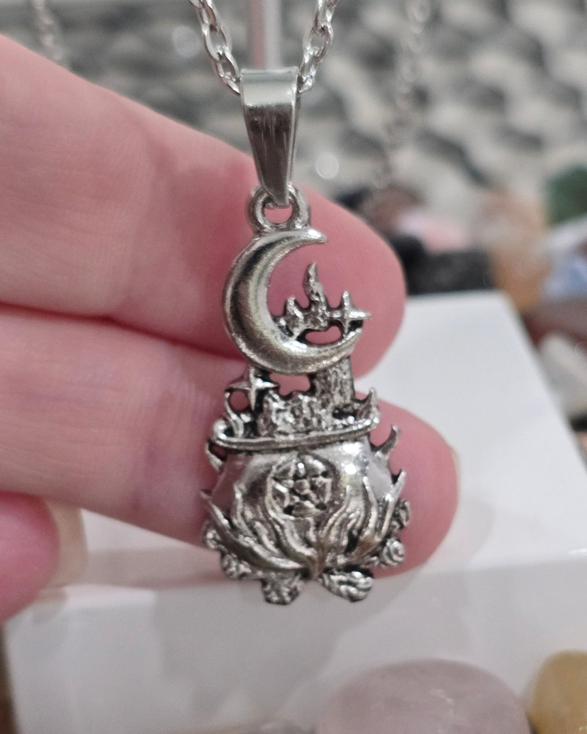 Witch Cauldron Pentagram Necklace Moon Star Stainless Steel Witchy Pendant 16"