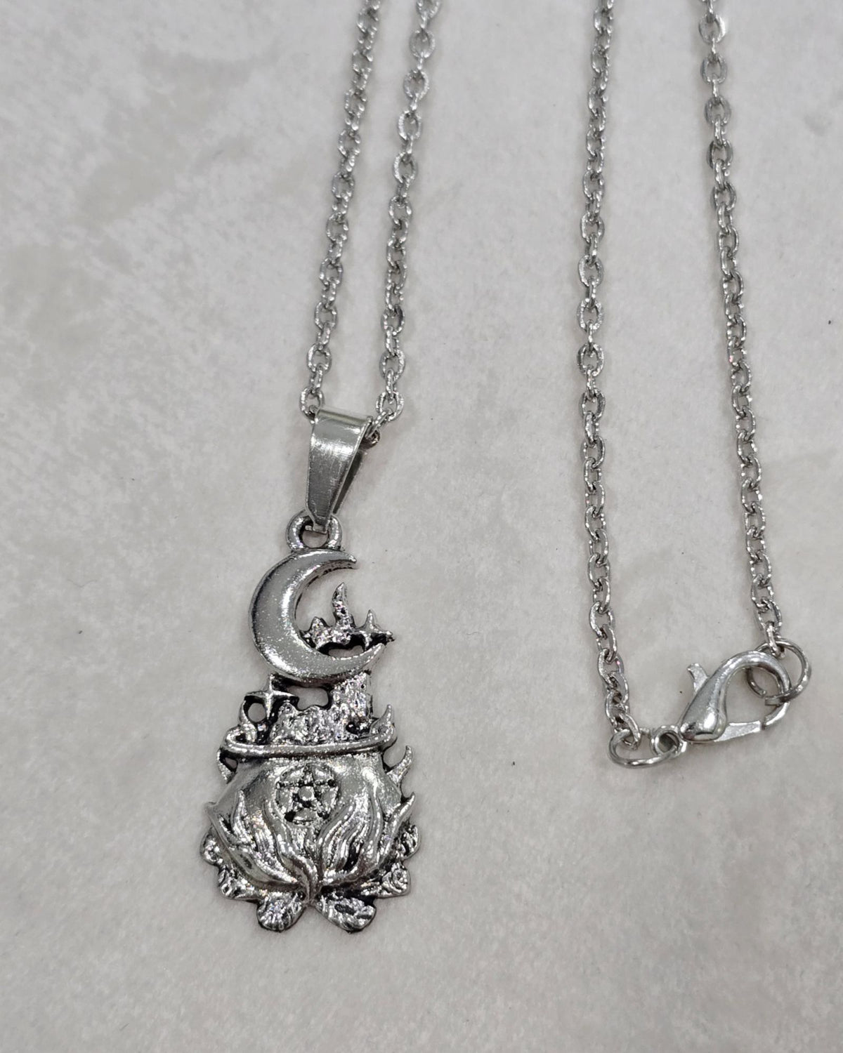 Witch Cauldron Pentagram Necklace Moon Star Stainless Steel Witchy Pendant 16"