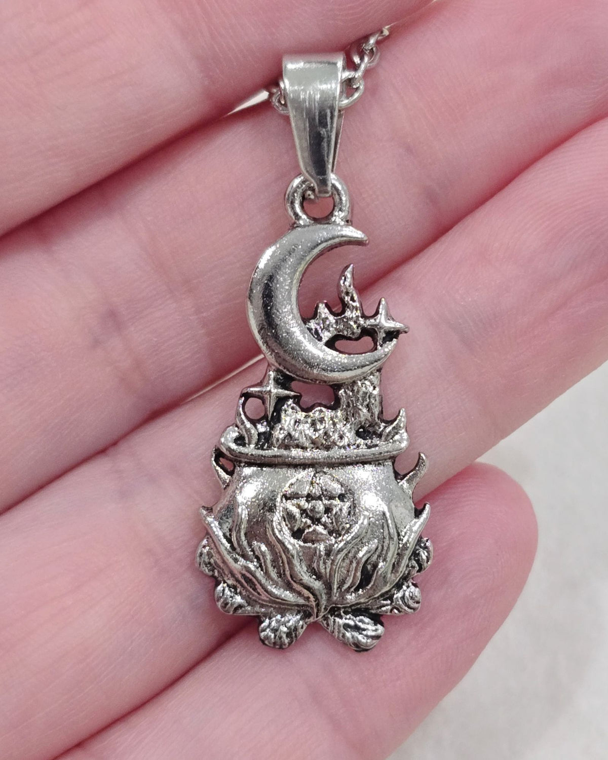 Witch Cauldron Pentagram Necklace Moon Star Stainless Steel Witchy Pendant 16"