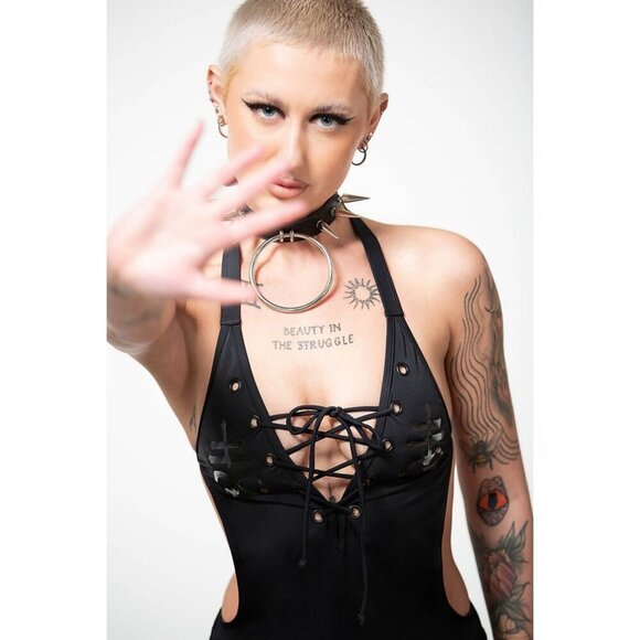 Killstar Lita Black-on-Black Cross Lace-Up Cutout One-Piece Swimsuit