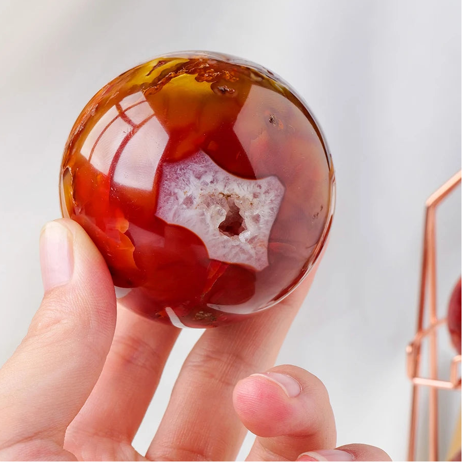 Natural Red Agate Carnelian Crystal Sphere – Decorative Healing Stone for Reiki & Home Décor