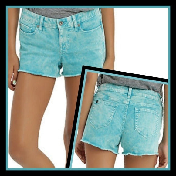 Turquoise Acid Wash Jean Shorts | Skull Rivets Low Rise Raw Hem - Lovesick - Shorts