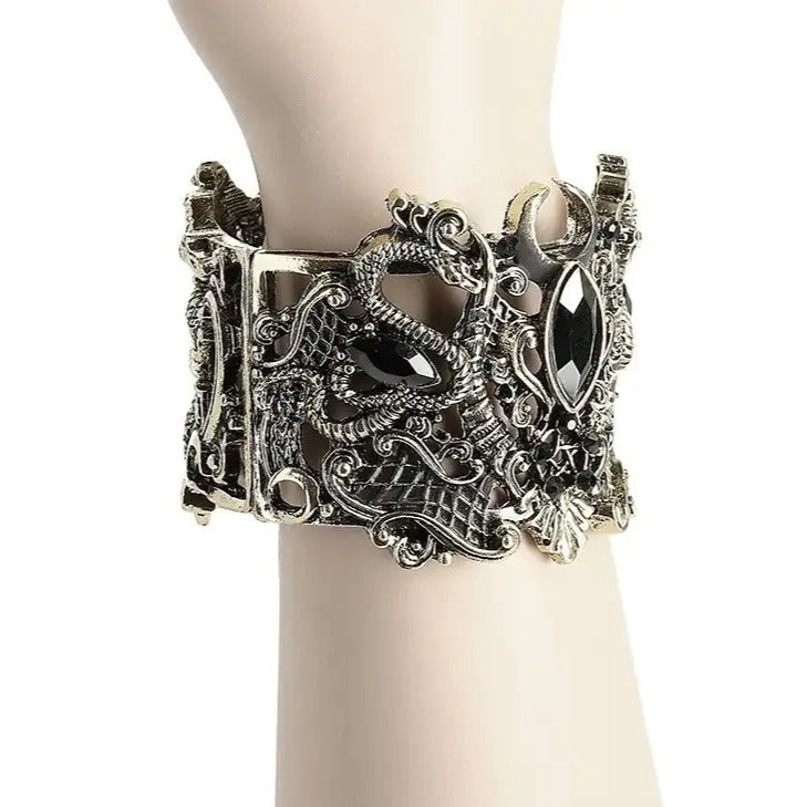 Gold Snake Bracelet Wide Bangle ✦ Pentagram ✦ Crescent Moons ✦ Rare