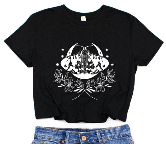 Moth Moon Cropped T-Shirt - Gothic Crop Top - Witchy Fashion Tee