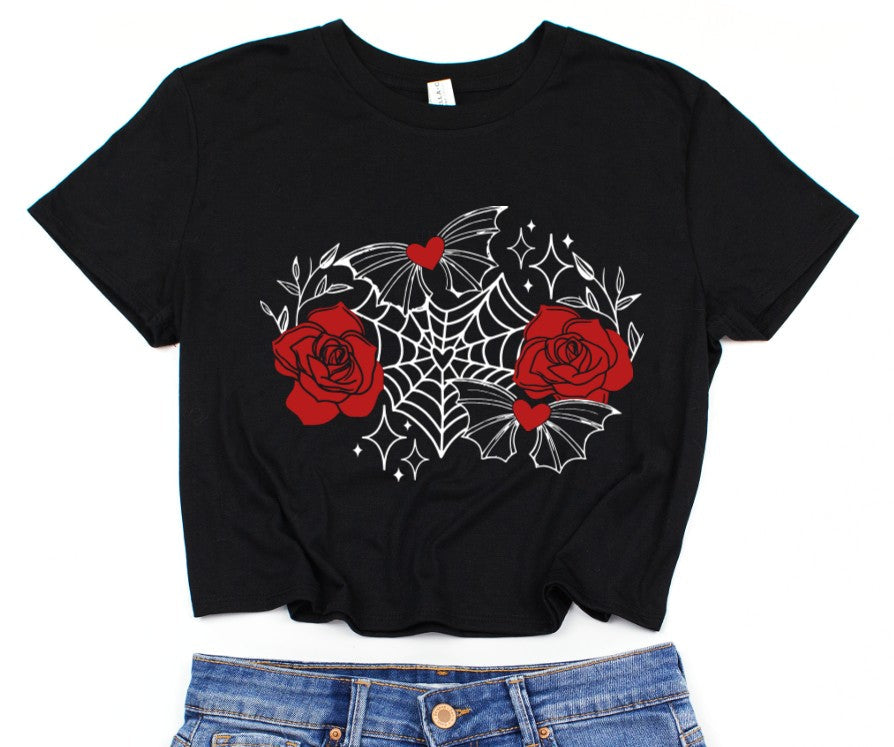 Cropped T-Shirt - Webbed Heart Roses -  - 