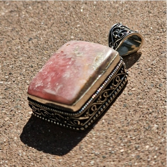 Natural Rhodochrosite Pendant | 9CTW S925 Handmade Antique Detailing Pink Silver - Artisan - Necklaces