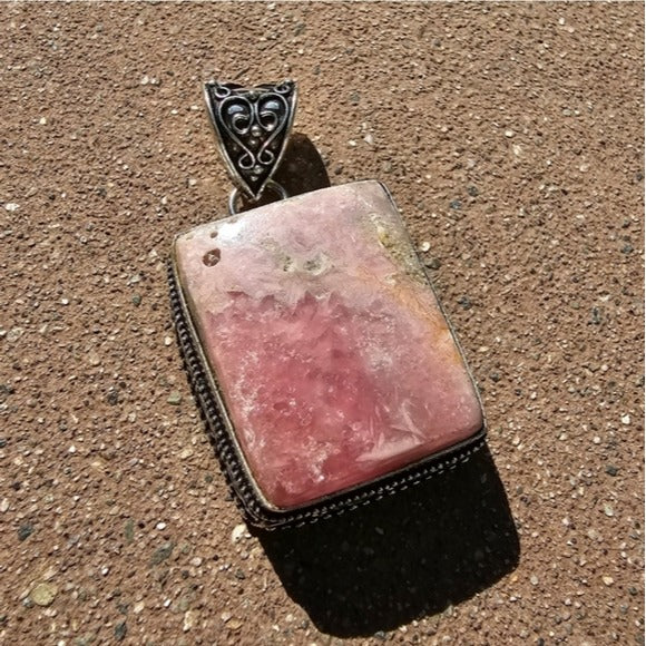 Natural Rhodochrosite Pendant | 9CTW S925 Handmade Antique Detailing Pink Silver - Artisan - Necklaces