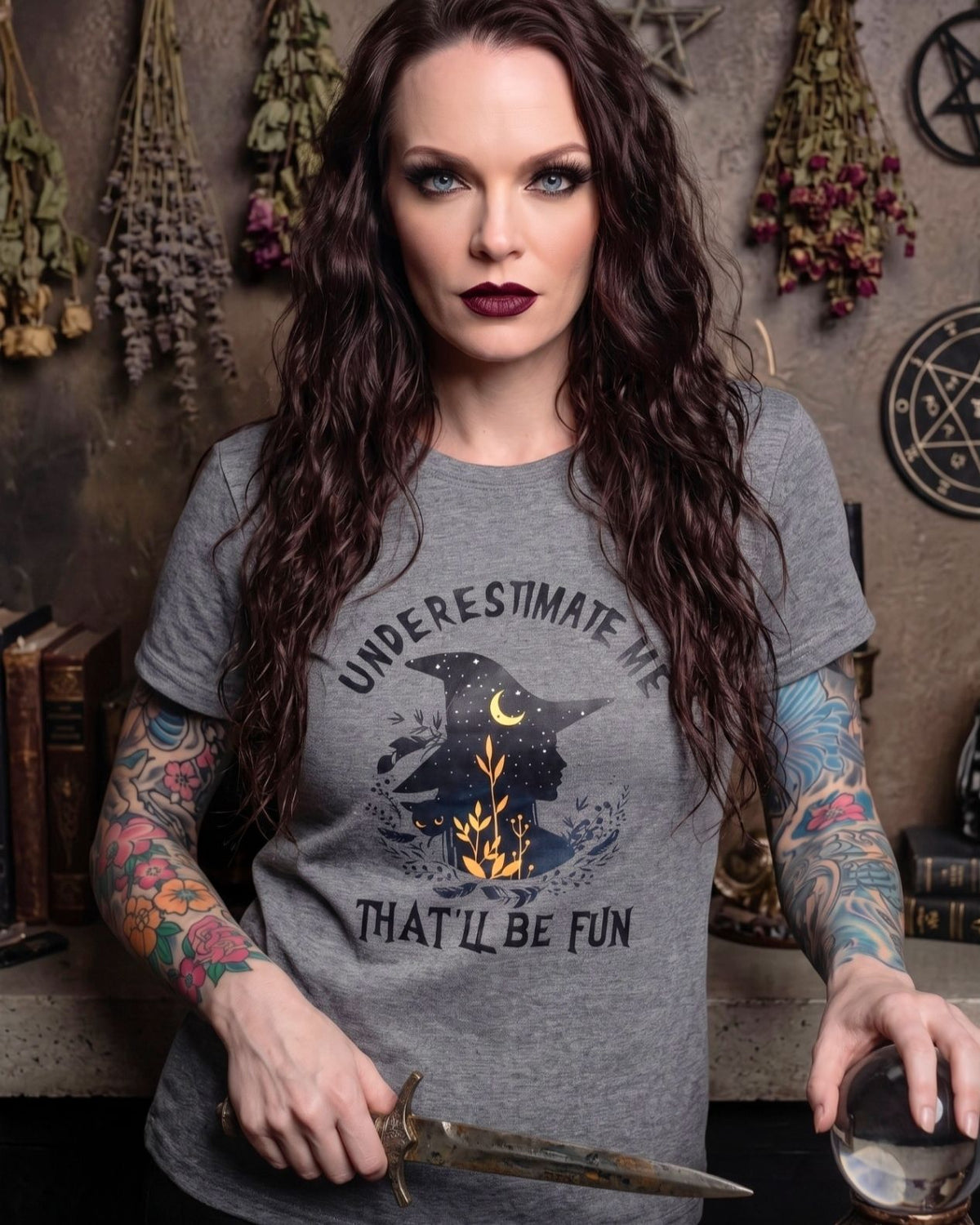 Underestimate Me Witch Black Cat Gray Graphic Tee Shirt Halloween Top L New