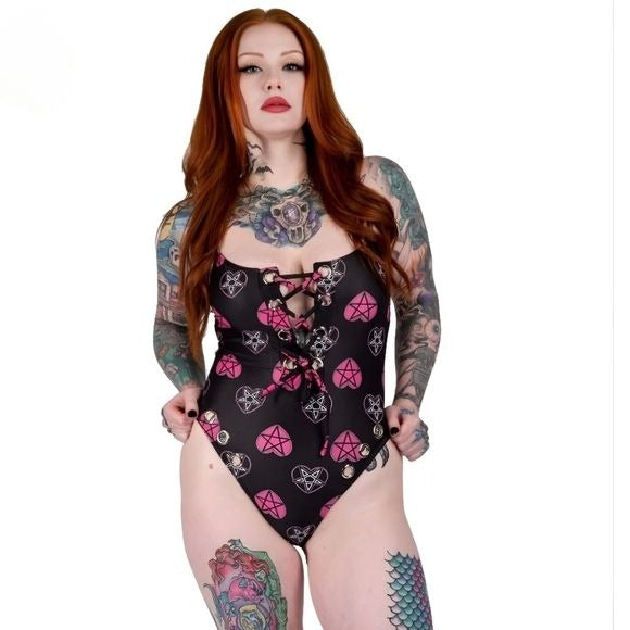 GOTH HEARTS EYELET ONE PIECE SWIMSUIT - Too Fast - Swim