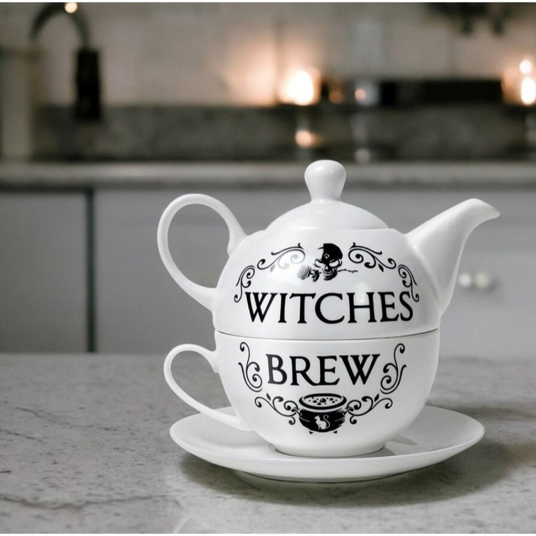 Witches Brew Tea For One Set w/ Teapot Cup Saucer Gift Box Gothic Design