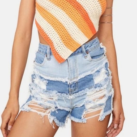 Soul Happy Patchwork Denim Shorts | High Waisted Frayed Hems - American Bazi - Jean Shorts