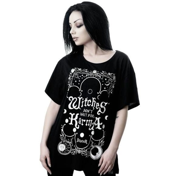 Karma Top | Oversized Scoop Neck Soft Cotton Black & White Woman's Tee - Killstar - Shirts