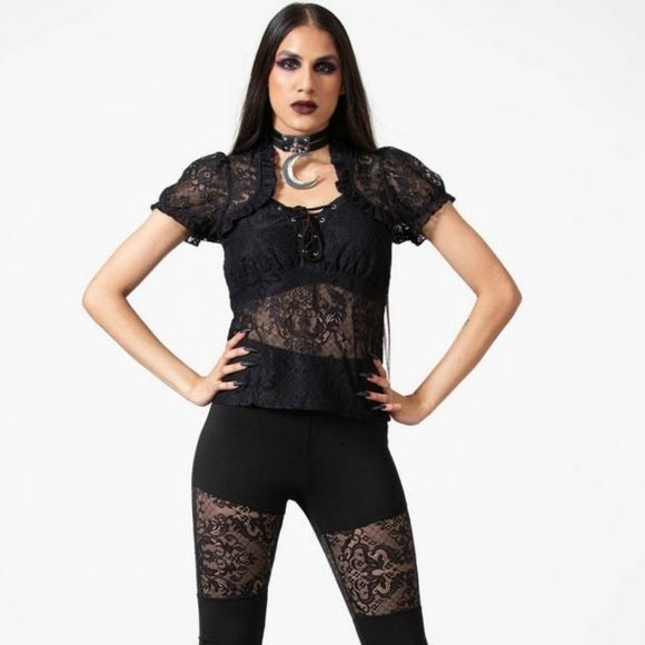 Mystic Lace Keyhole Top | Black Lace-up Sheer Details - Killstar - Tops