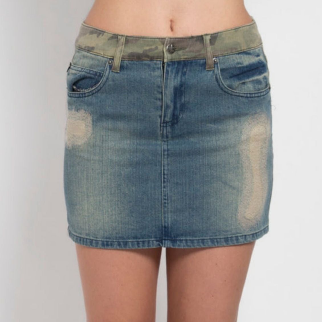 Split Front Distressed Denim & Camo Twill Skirt - Tripp NYC - Skirt