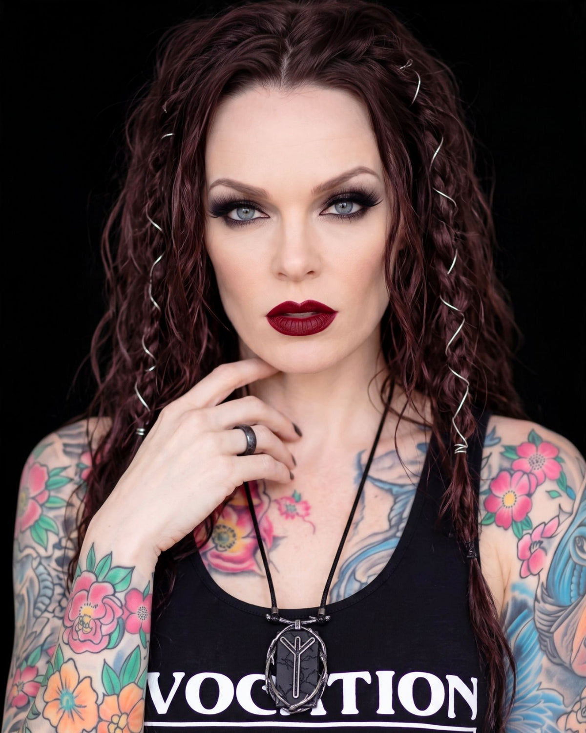Killstar Algiz Rune Thorn Branch Frame Black Hematite Pendant Cord Necklace