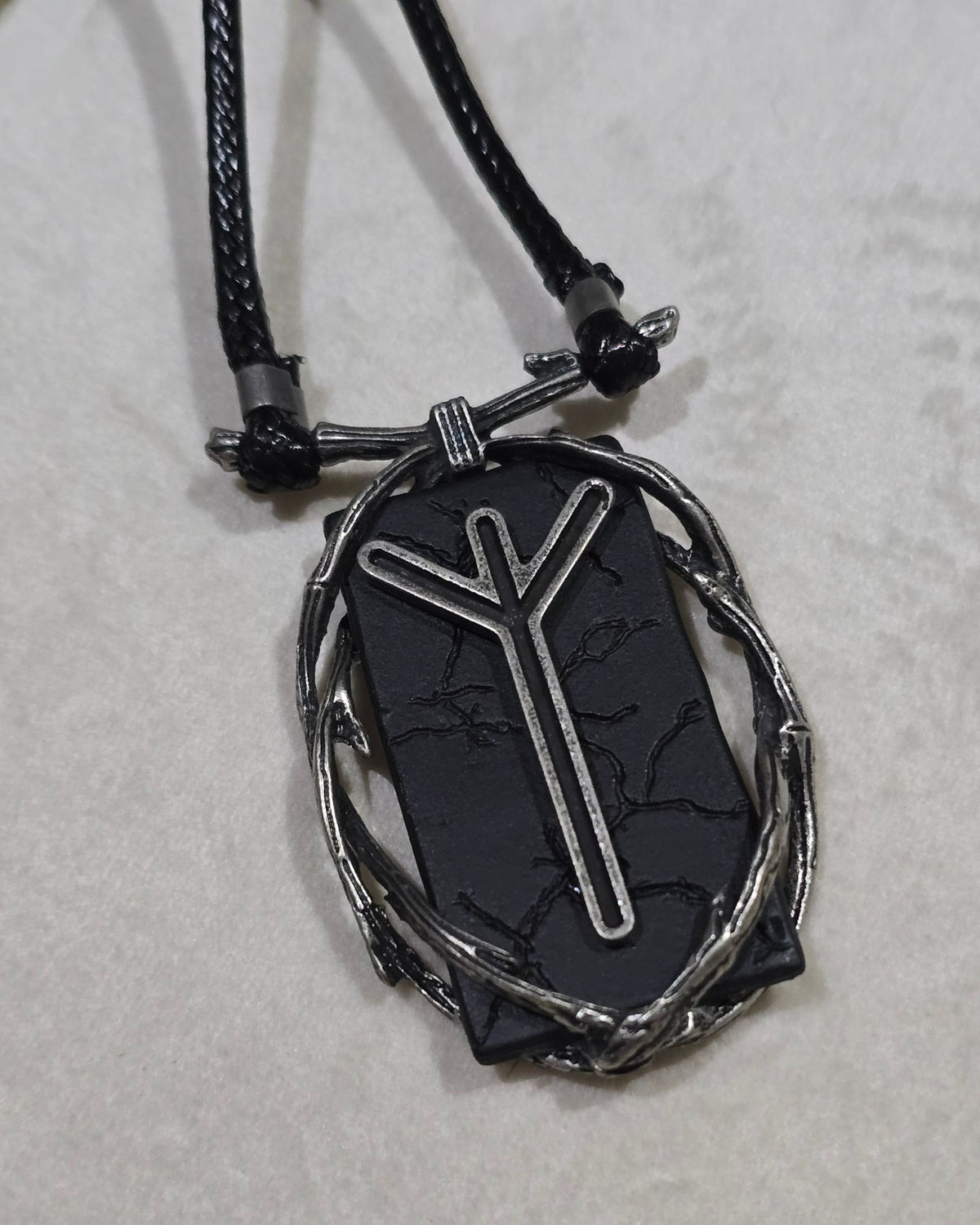Killstar Algiz Rune Thorn Branch Frame Black Hematite Pendant Cord Necklace