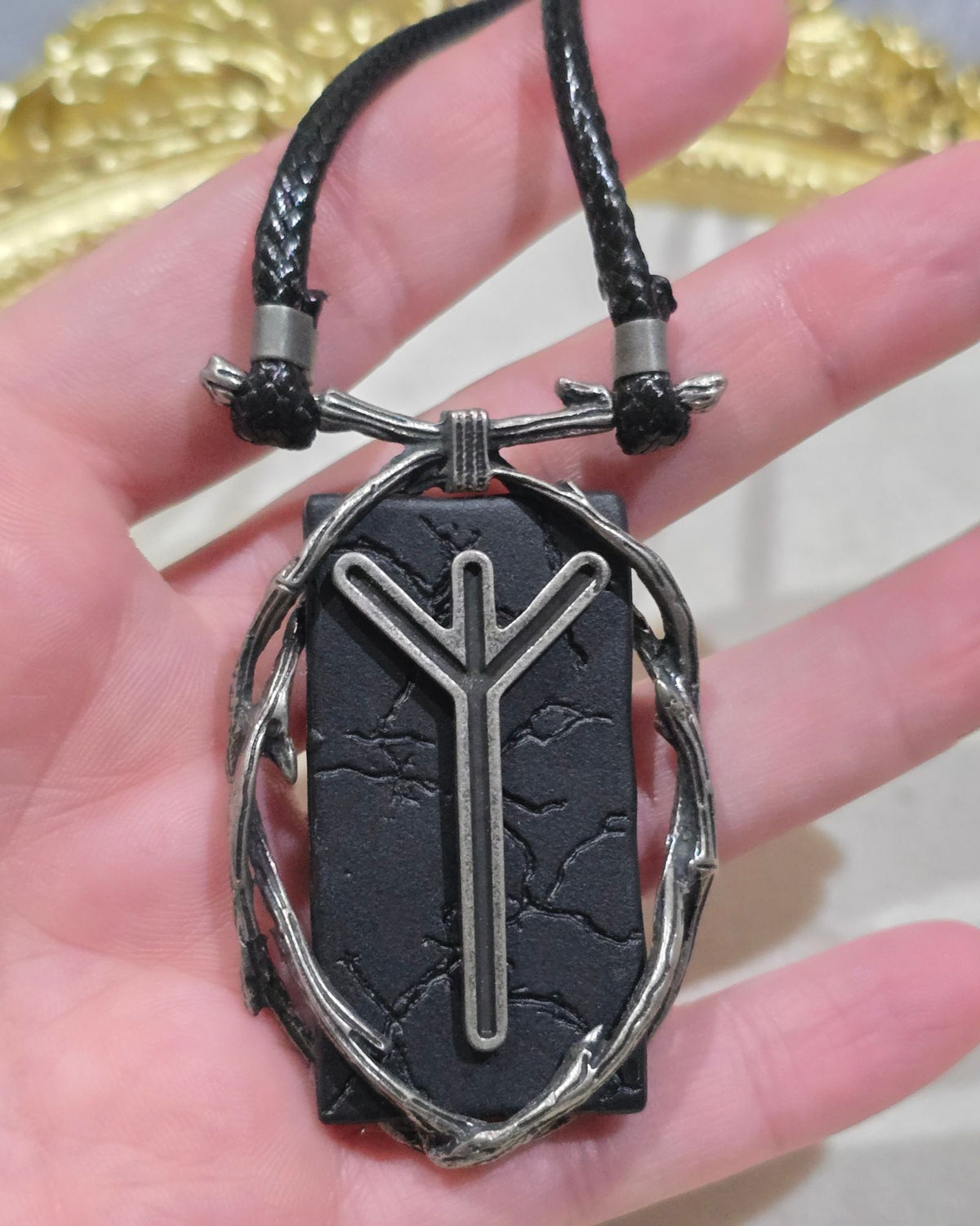 Killstar Algiz Rune Thorn Branch Frame Black Hematite Pendant Cord Necklace