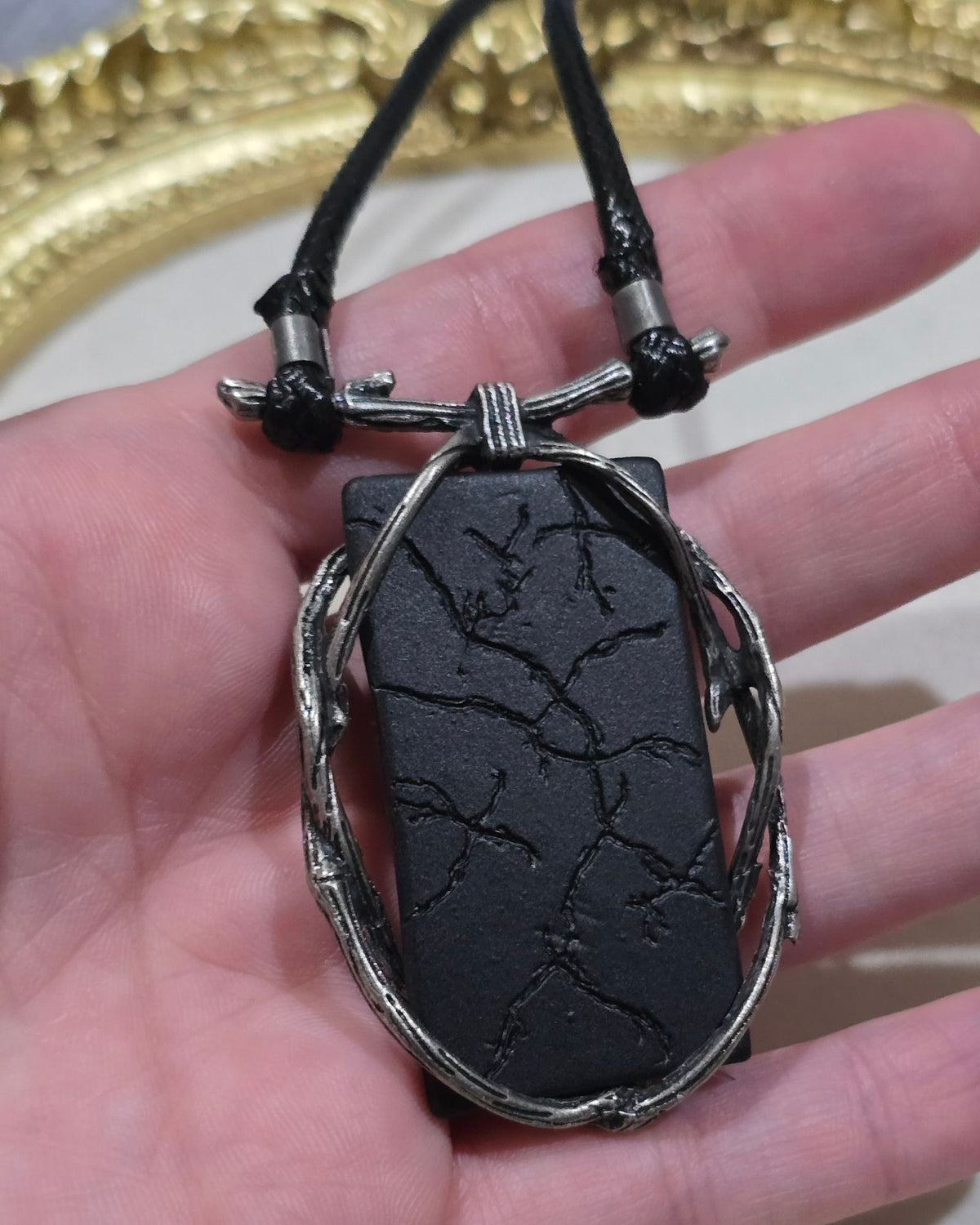 Killstar Algiz Rune Thorn Branch Frame Black Hematite Pendant Cord Necklace
