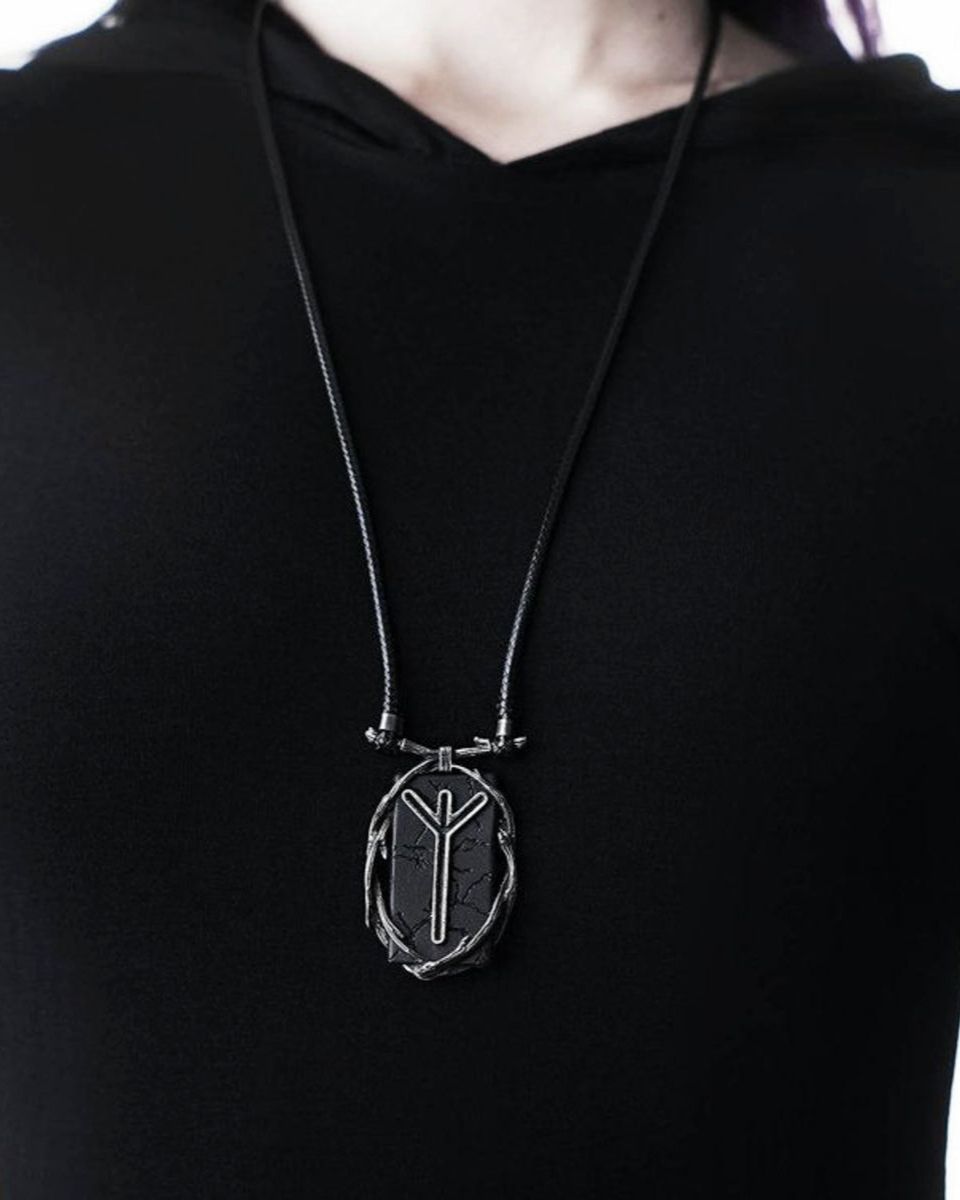 Killstar Algiz Rune Thorn Branch Frame Black Hematite Pendant Cord Necklace