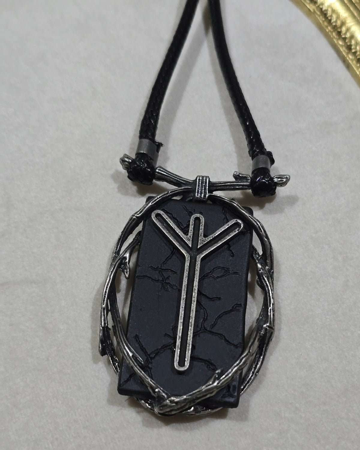 Killstar Algiz Rune Thorn Branch Frame Black Hematite Pendant Cord Necklace