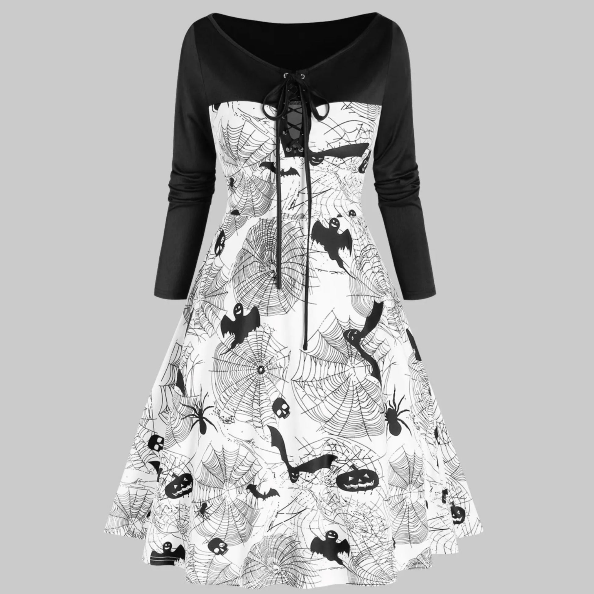 Pumpkin Bat Spider Web Print Lace-Up Long Sleeve Dress - A Gothic Universe - Dresses