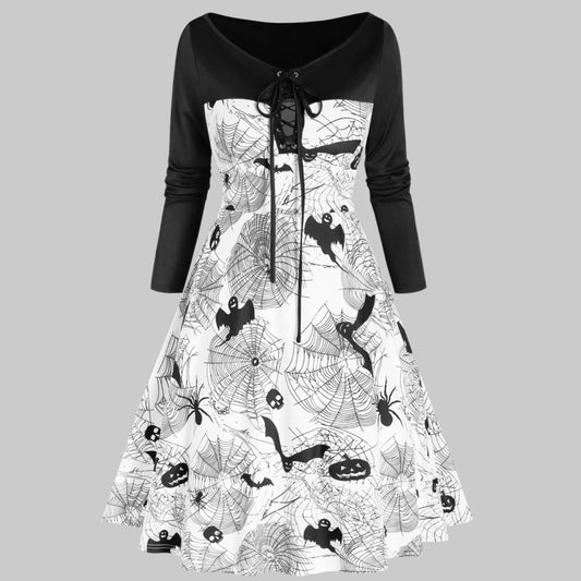 Pumpkin Bat Spider Web Print Lace-Up Long Sleeve Dress - A Gothic Universe - Dresses
