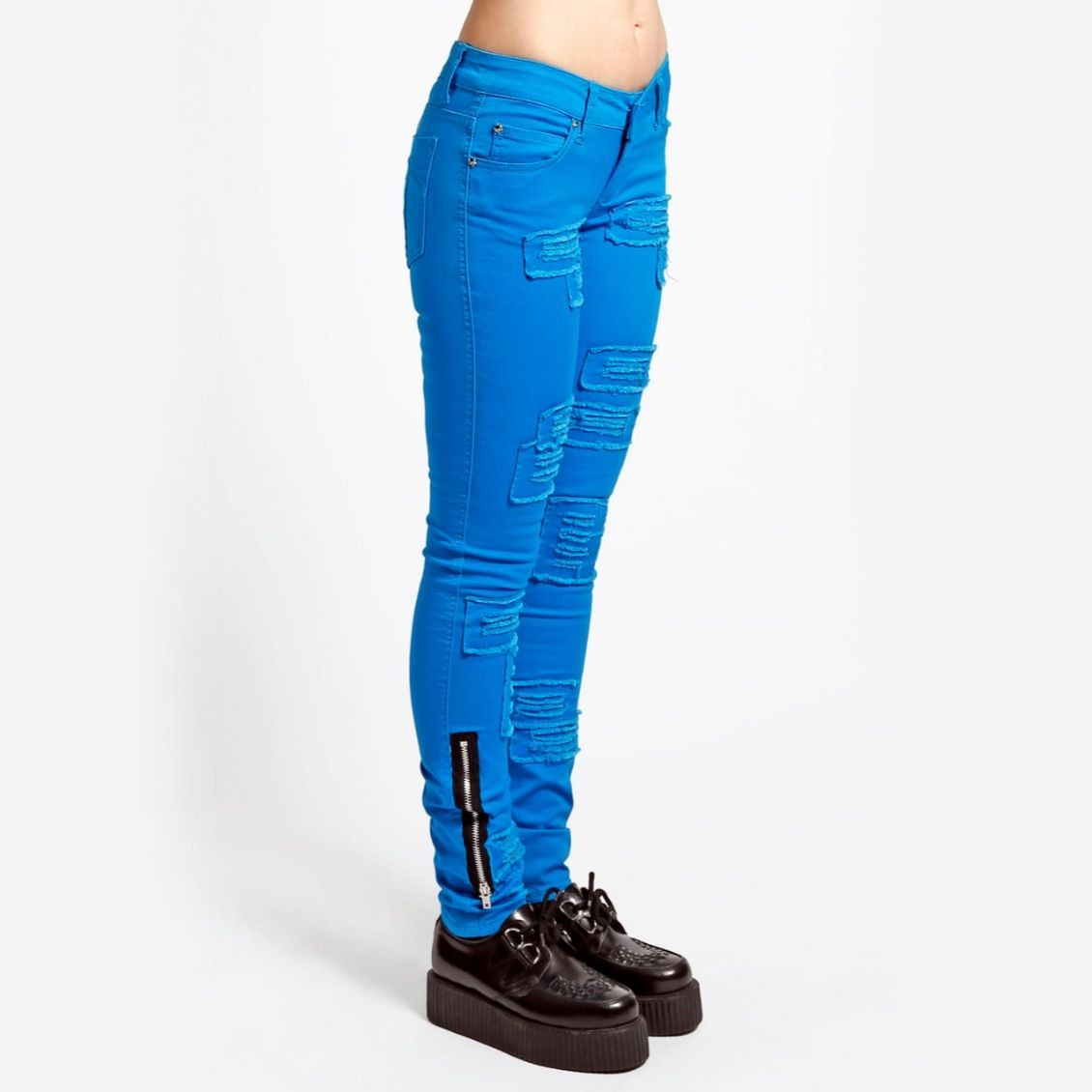 Distressed Patch Blue Skinny Jeans With Ankle Zips - Tripp NYC - Jeans